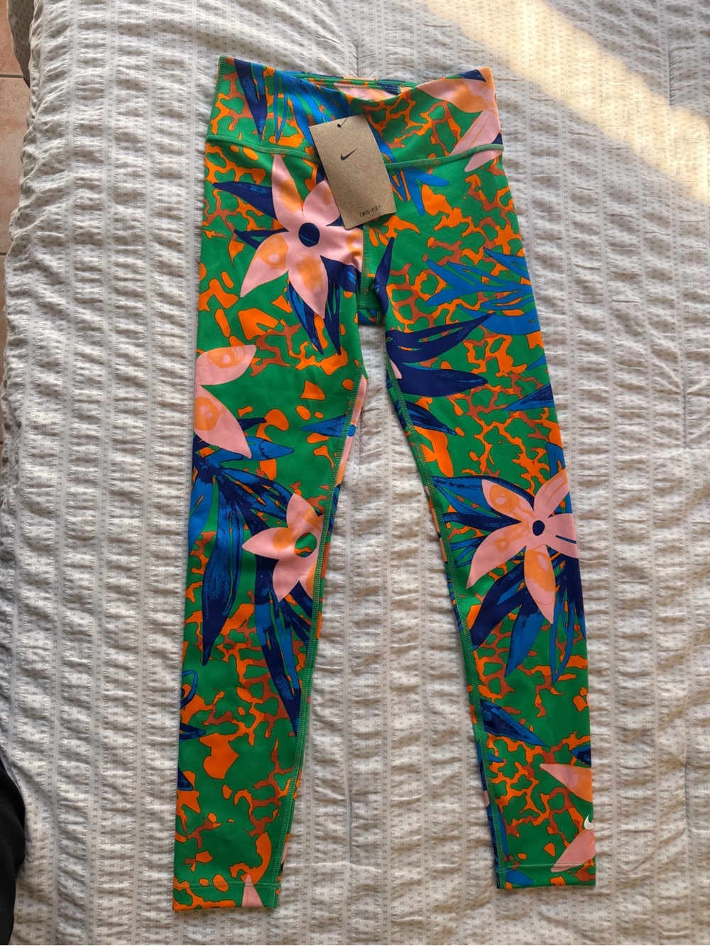 Nike Green Leggings with Pink Flowers & Blue Leaf Print